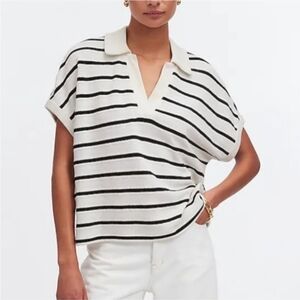 Madewell Black and White Striped Short Sleeve Polo Sweater